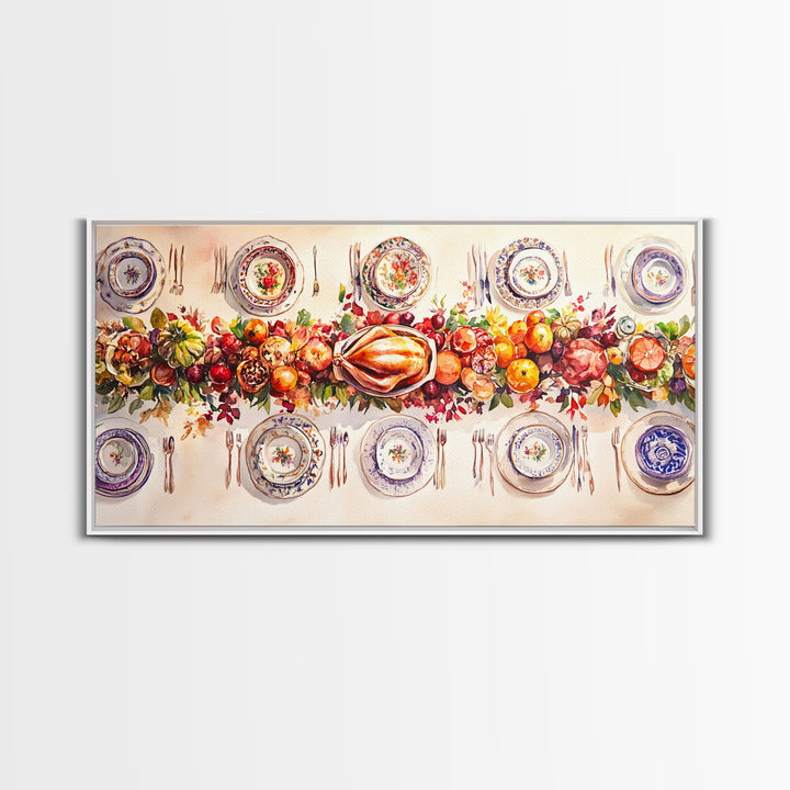 Festive Thanksgiving dinner table setting with colorful centerpiece, framed canvas print perfect autumn holiday decor wall art