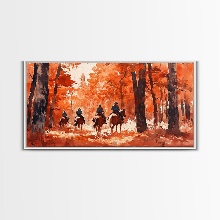 Framed Canvas Print Fall Forest Riders in Autumn Colors, Rustic Cowboy Wall Art, Perfect Fall Decor and Seasonal Home Art
