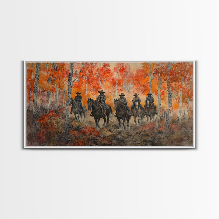 Framed Canvas Print Horseback Riders in Rustic Fall Forest, Cowboy Theme Wall Art, Autumn Home Decor, and Seasonal Canvas Wall Print
