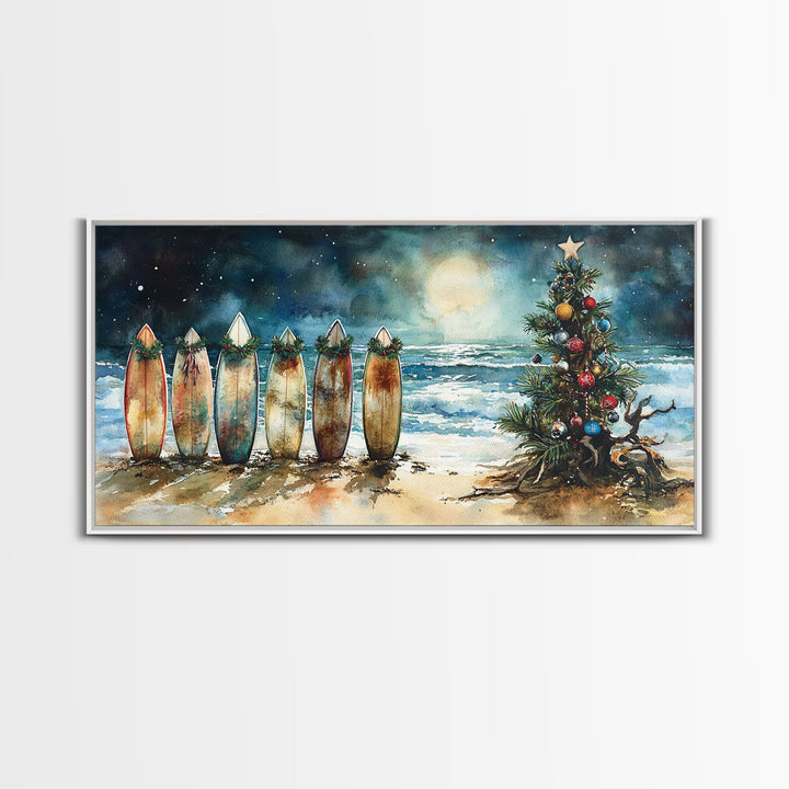Canvas Print Surfboards and Christmas Tree at Beach, Tropical Christmas Decor, Beach Christmas Art, Coastal Holiday Wall Art