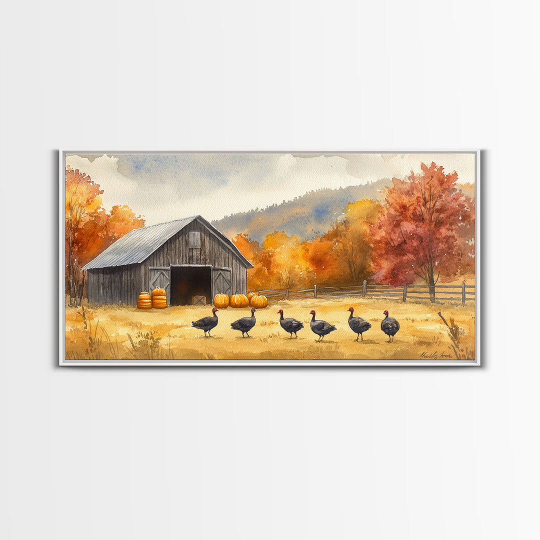Framed Canvas Print Rustic Barn with Pumpkins and Turkeys, Perfect Autumn Farmhouse Decor, Fall Wall Art, Country Autumn Scene
