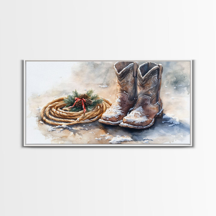 Framed Canvas Print Cowboy Boots and Rope with Pinecones, Rustic Winter Decor, Western Christmas Art, Perfect Holiday Wall Print