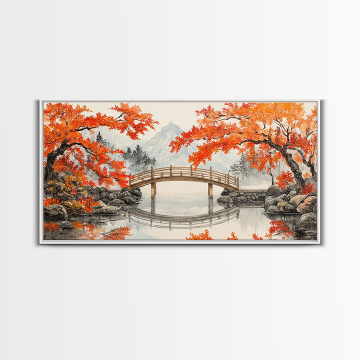 Japanese Bridge in Autumn Framed Canvas Print Fall Landscape Art Nature Wall Decor Seasonal Holiday Art Rustic Country Gift Idea 2024