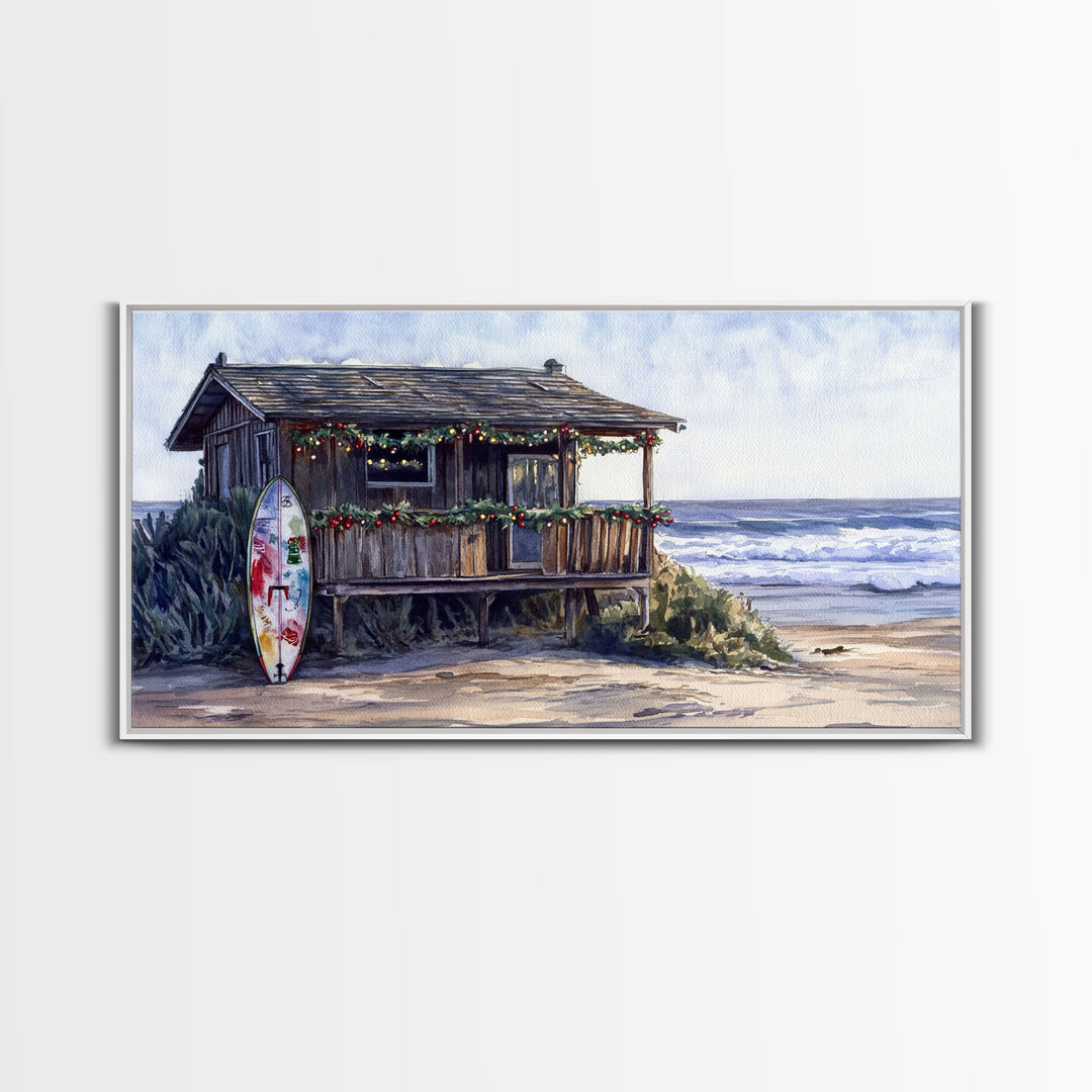 Christmas beach art Framed Canvas Print tropical Christmas decor holiday wall art Christmas vacation gift idea vintage Christmas wall art