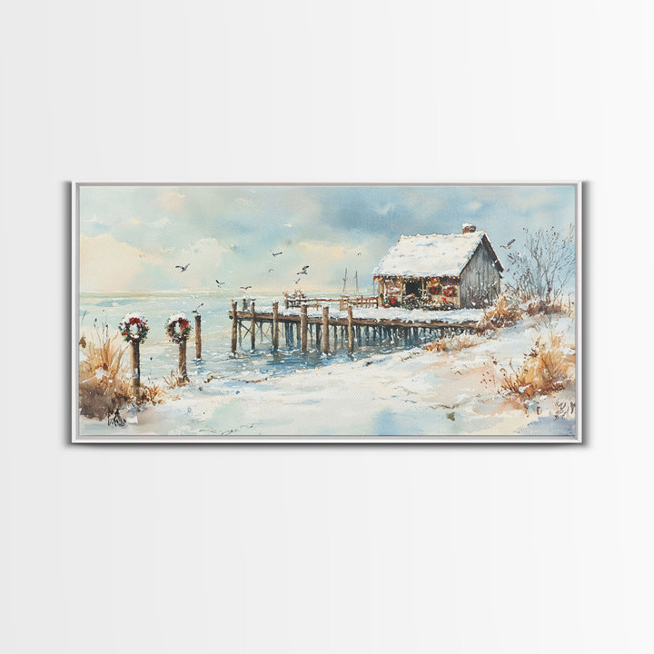 Farmhouse Christmas decor Framed Canvas Print rustic cabin snowy dock Christmas scene Christmas outdoor decor vintage holiday wall art