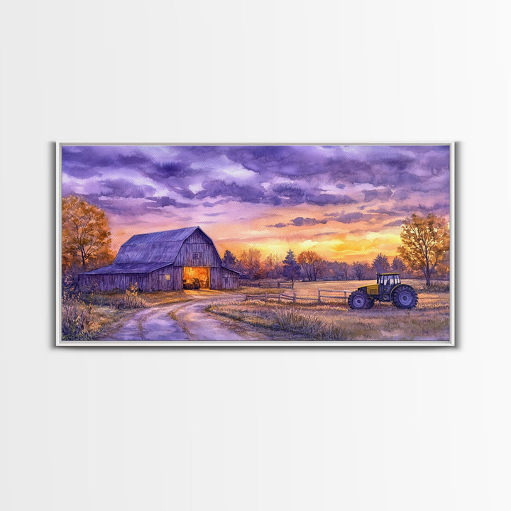 Farmhouse autumn decor Framed Canvas Print evening barn scene with tractor warm fall colors gift idea autumn seasonal wall art rustic decor