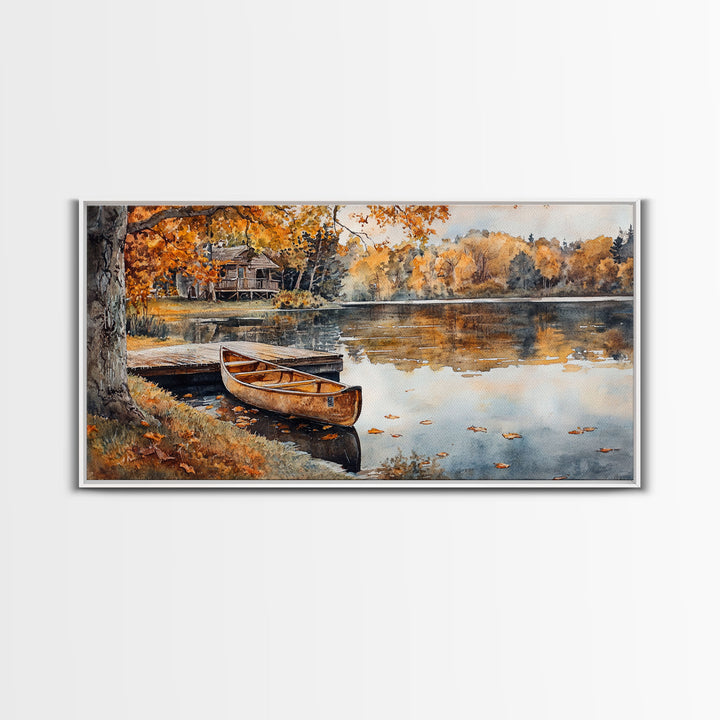 Fall lake house decor Framed Canvas Print serene lakeside cabin canoe rustic autumn wall art seasonal decor gift idea cozy fall home decor