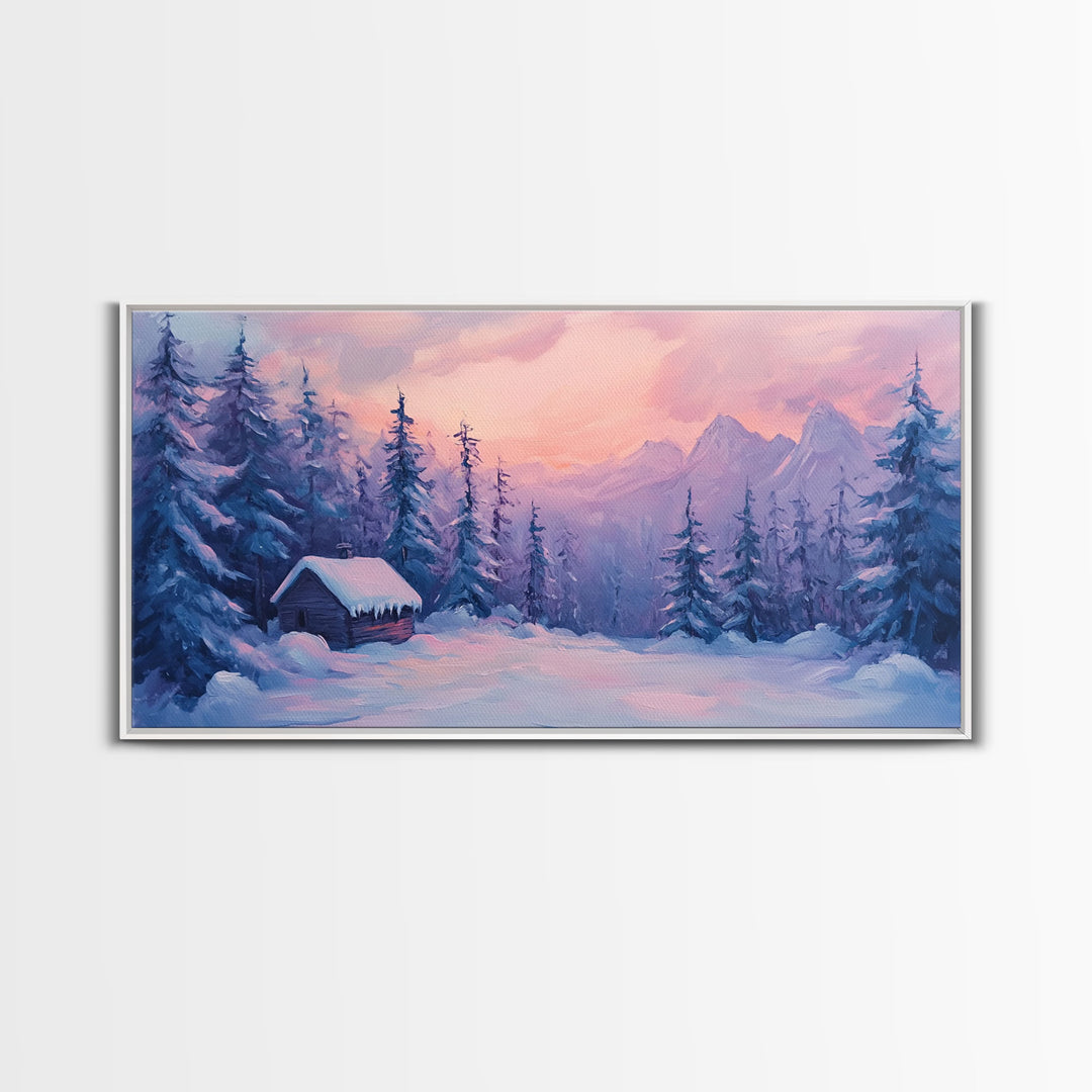 Cozy Cabin Surrounded By Winter Trees Tall Art Framed Canvas Print Serene Snowy Forest Cabin Landscape With Warm Interior Lights