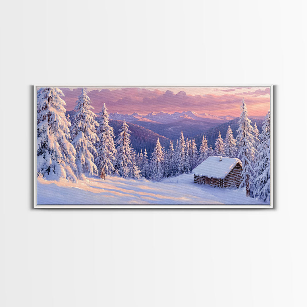 Mountain Cabin At Sunrise Tall Art Framed Canvas Print Winter Snow Covered Trees And Cabin In Mountains With Pastel Sky