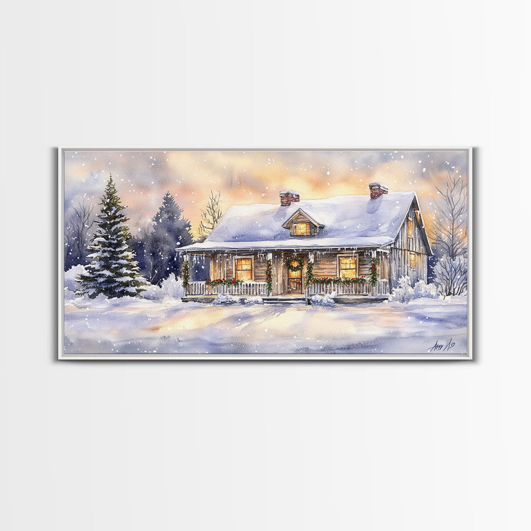 Log cabin in winter, snowy holiday art, farmhouse Christmas decor, rustic Christmas, vintage wall art, framed canvas print