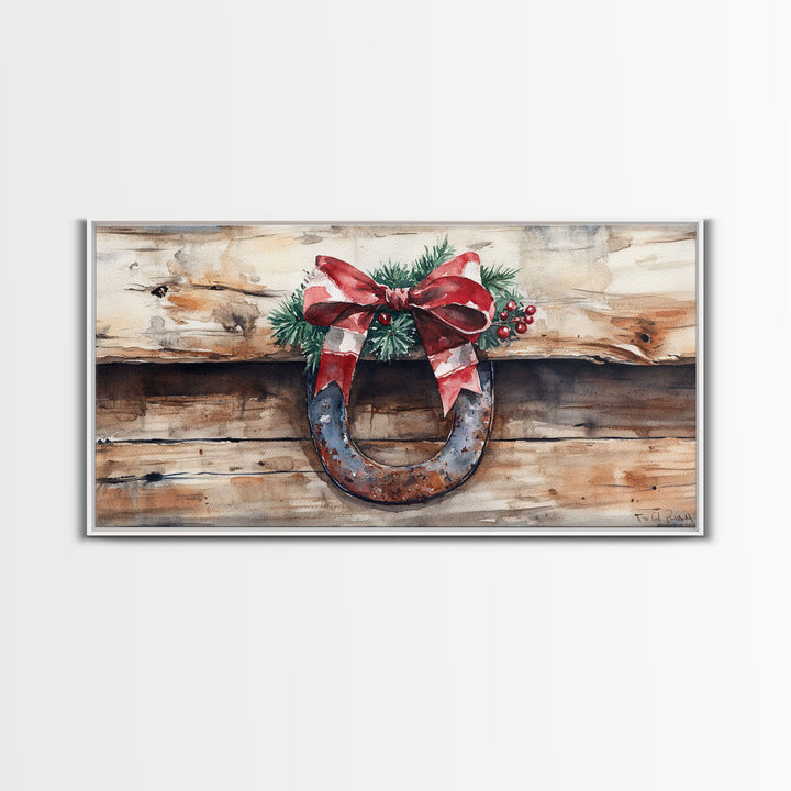 Festive horseshoe Christmas art, rustic holiday decor, farmhouse holiday gift idea, cozy winter home decor, framed canvas print