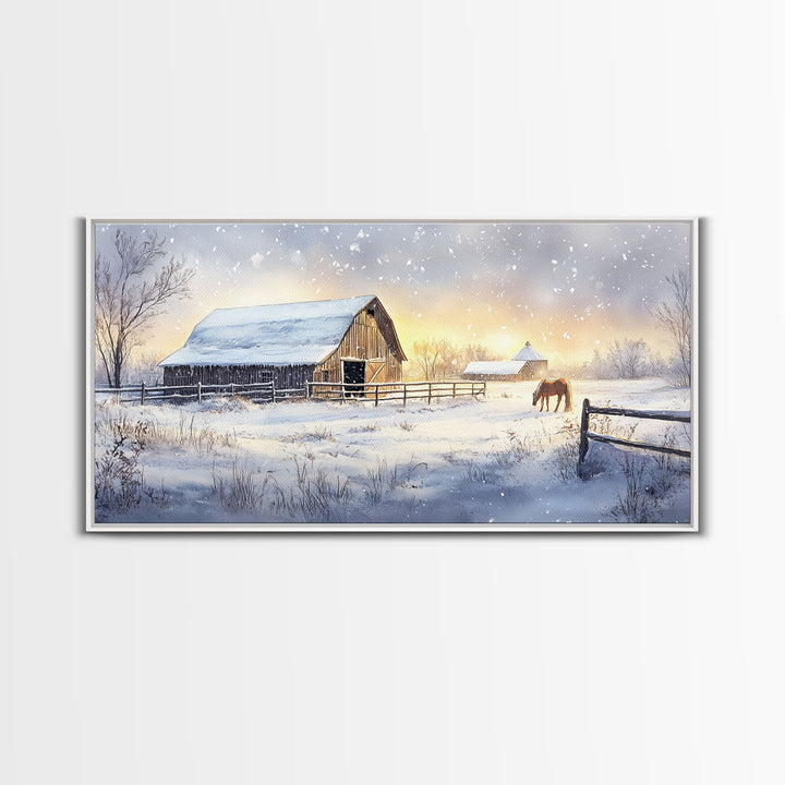 Rustic Barn in Winter Wonderland, Framed Canvas Print, Farmhouse Christmas Art, Christmas Wall Decor, Holiday Seasonal Wall Art, Gift Idea