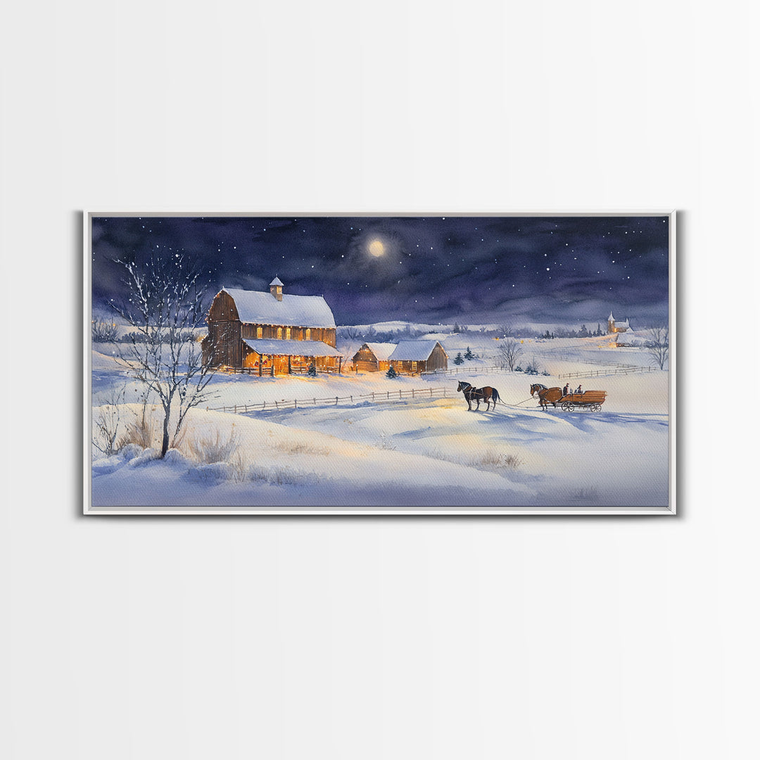 Horse and Barn in Snowy Christmas Scene, Framed Canvas Print, Winter Christmas Decor, Farmhouse Christmas, Rustic Holiday Art, Wall Art