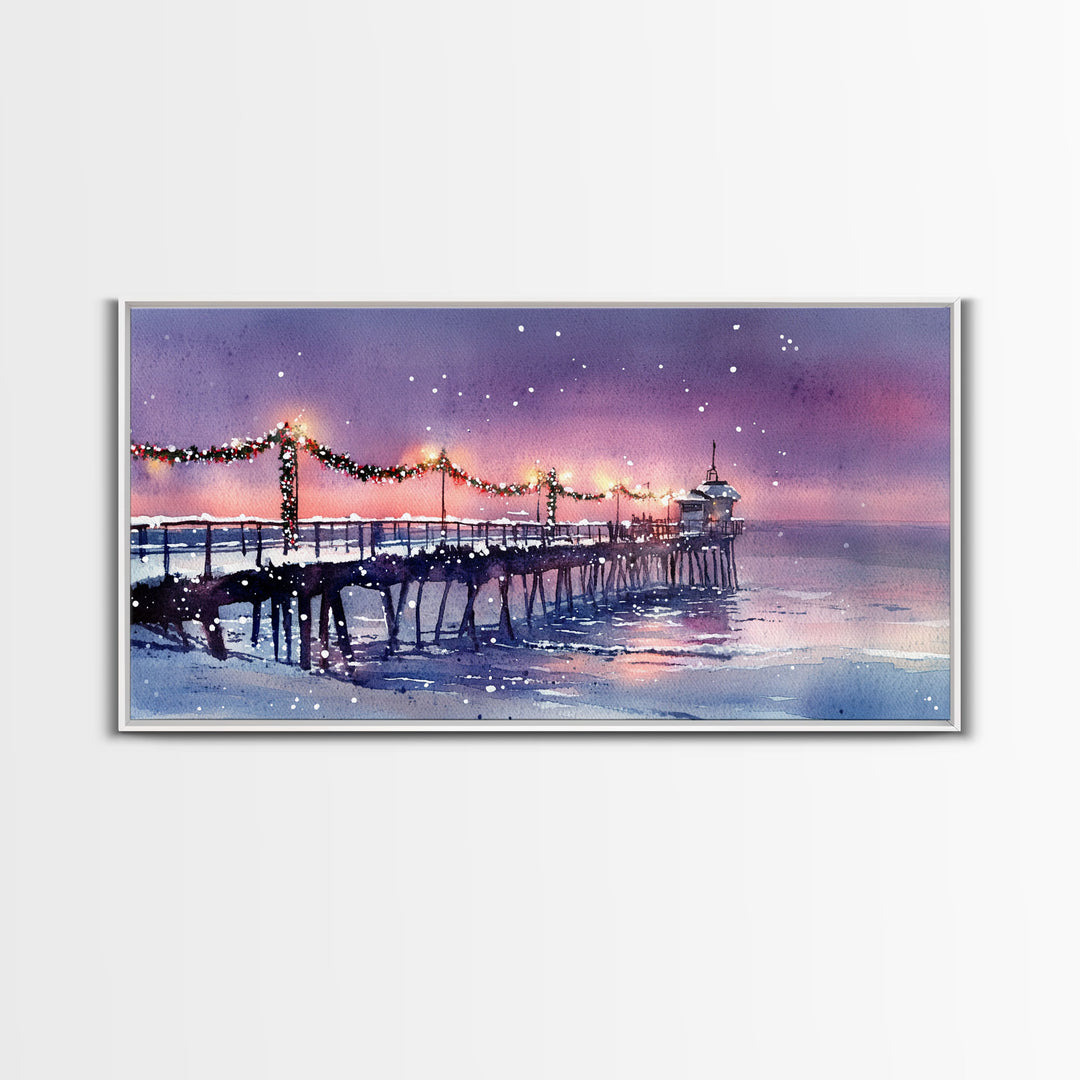 Snow-Covered Pier at Dusk with Christmas Lights, Framed Canvas Print, Coastal Holiday Decor, Winter Wonderland, Nautical Christmas Wall Art