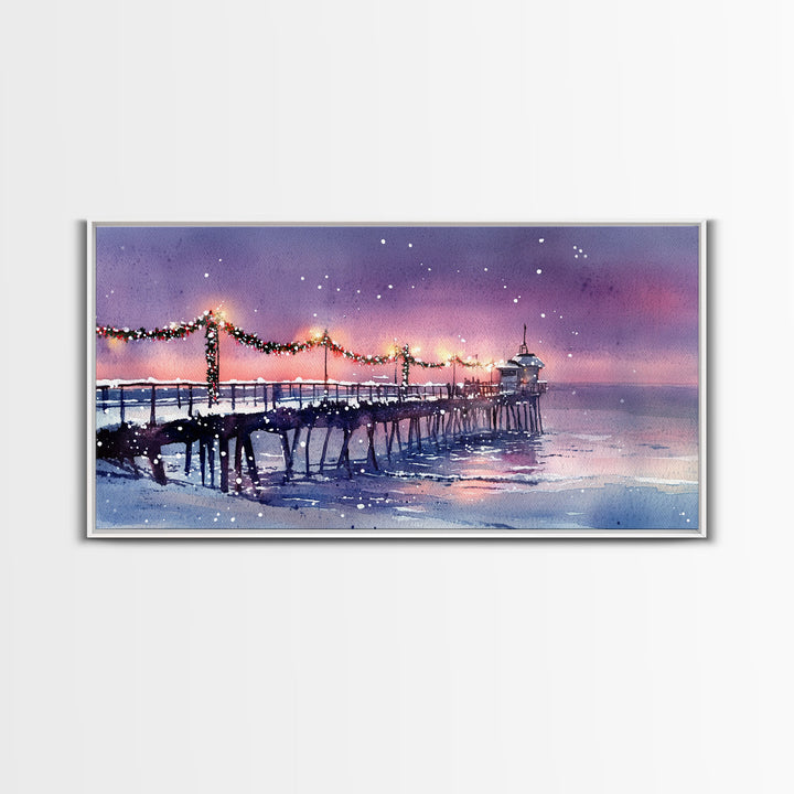 Snow-Covered Pier at Dusk with Christmas Lights, Framed Canvas Print, Coastal Holiday Decor, Winter Wonderland, Nautical Christmas Wall Art