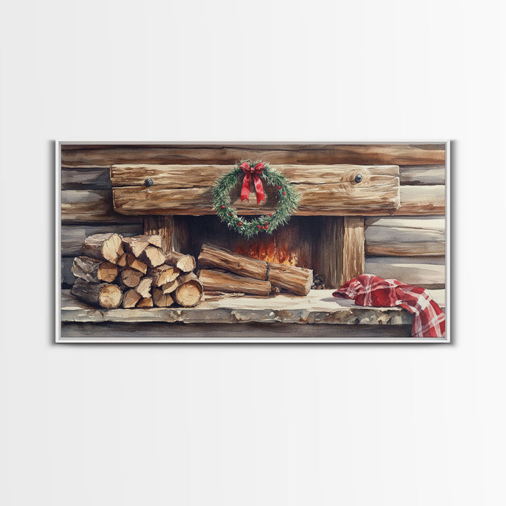 Cozy Cabin Fireplace Christmas Canvas Print | Rustic Christmas Wall Art | Holiday Home Decor | Christmas Mantle Decor | 2024 Christmas Gift