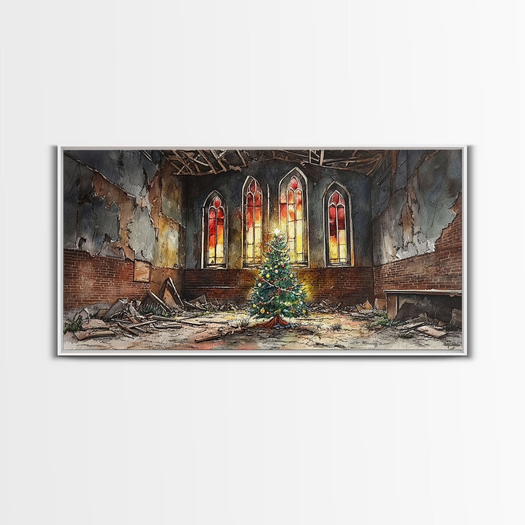 Christmas tree in abandoned church art, framed canvas print, rustic Christmas decor, winter decor, vintage Christmas scene art for home