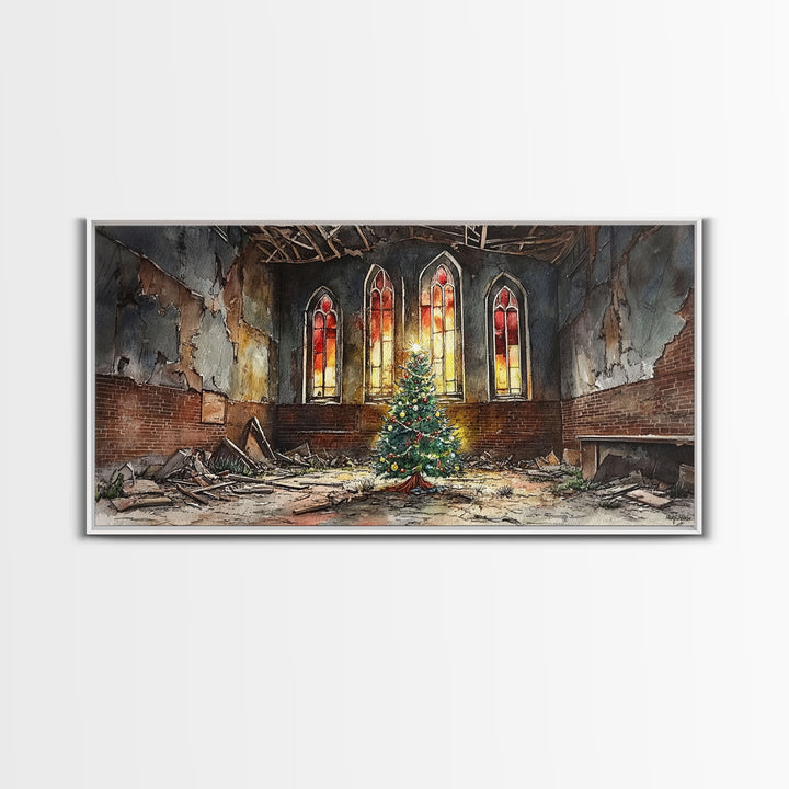 Christmas tree in abandoned church art, framed canvas print, rustic Christmas decor, winter decor, vintage Christmas scene art for home