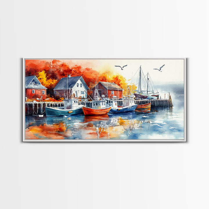Colorful boats harbor framed canvas print, rustic autumn coastal decor, fall home decor, vintage nautical art gift idea, seasonal wall art
