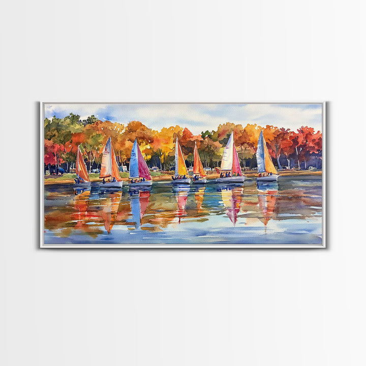 Sailboats on autumn lake, framed canvas print, colorful fall decor, nautical wall art for fall home, rustic autumn wall art, gift idea