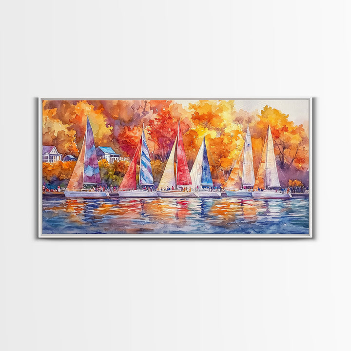 Sailboats in autumn harbor framed canvas print, colorful fall decor, rustic nautical wall art, autumn home decor, fall landscape wall art
