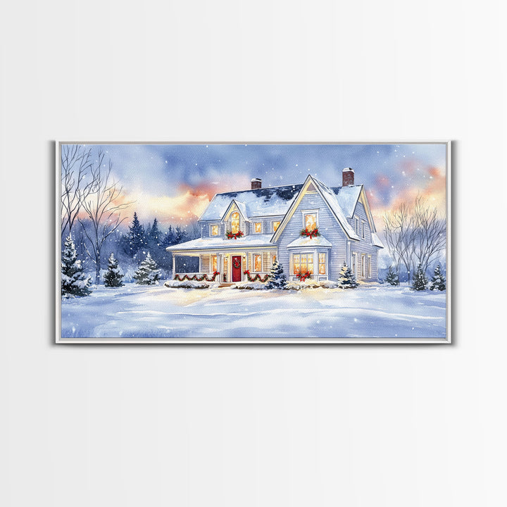 Cozy Winter House with Snowy Landscape, Christmas Decor, Framed Canvas Print, Farmhouse Christmas Decor, Seasonal Wall Art, Gift Idea