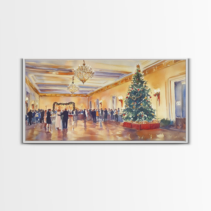 Elegant Ballroom Christmas Party Scene, Framed Canvas Print, Holiday Wall Art, Christmas Decor, Wall Art, Seasonal Decor, Best Gift Idea