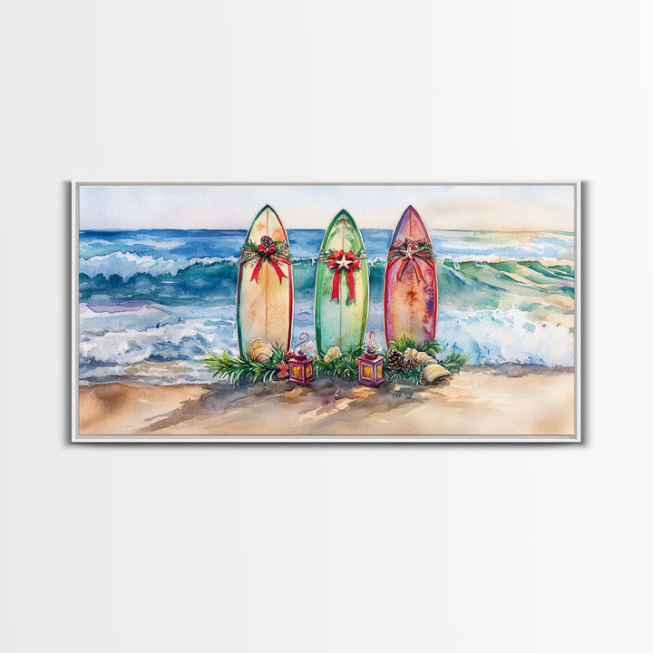 Beach Christmas Decor with Surfboards, Tropical Christmas Art, Framed Canvas Print, Watercolor Wall Art, Coastal Holiday Decor Art Gift Idea