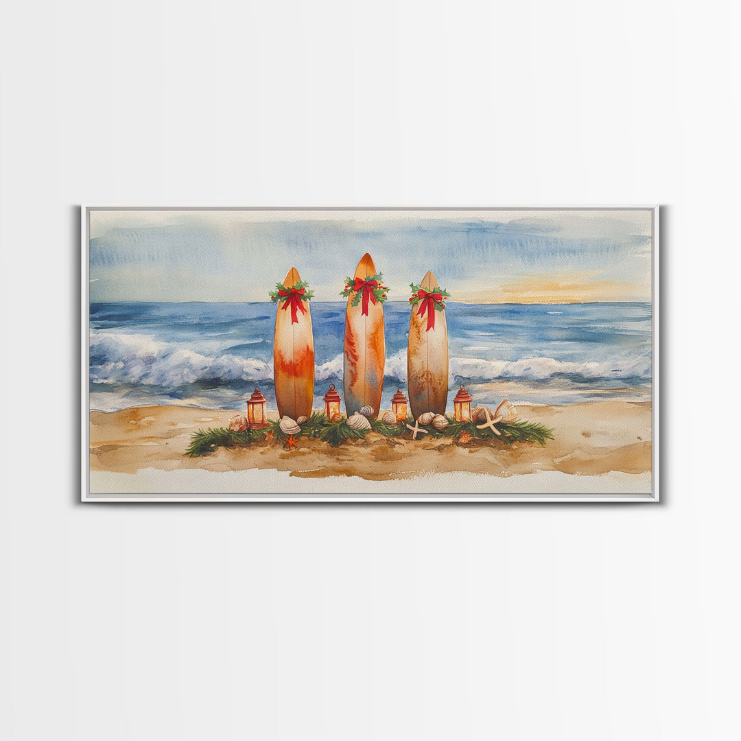 Coastal Christmas Surfboard Scene, Beach Christmas Decor, Framed Canvas Print, Watercolor Wall Art, Tropical Holiday Decor, Best Gift Idea