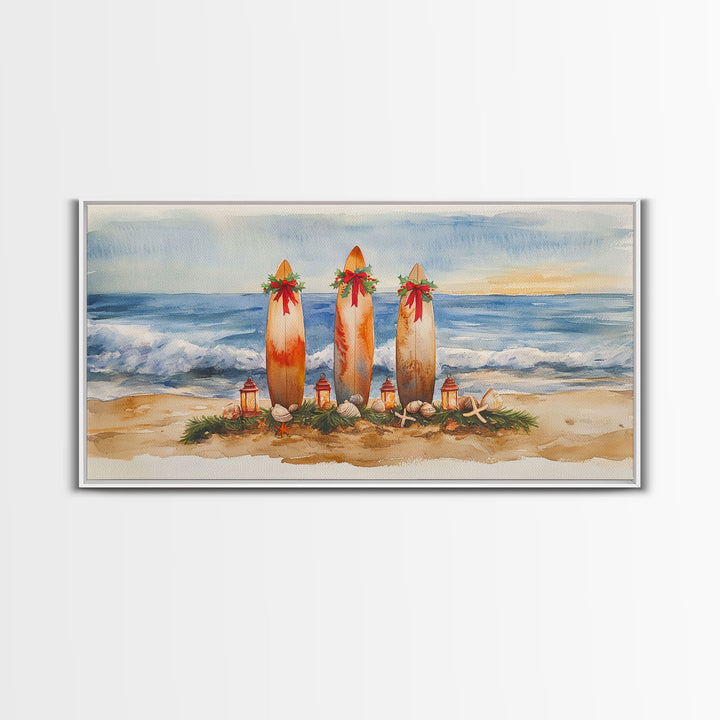 Coastal Christmas Surfboard Scene, Beach Christmas Decor, Framed Canvas Print, Watercolor Wall Art, Tropical Holiday Decor, Best Gift Idea