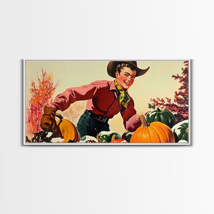 Autumn Cowboy with Pumpkins Framed Canvas Print, Vintage Fall Decor, Gift Idea, Farmhouse Wall Art, Rustic Pumpkin Patch, Holiday Home Decor