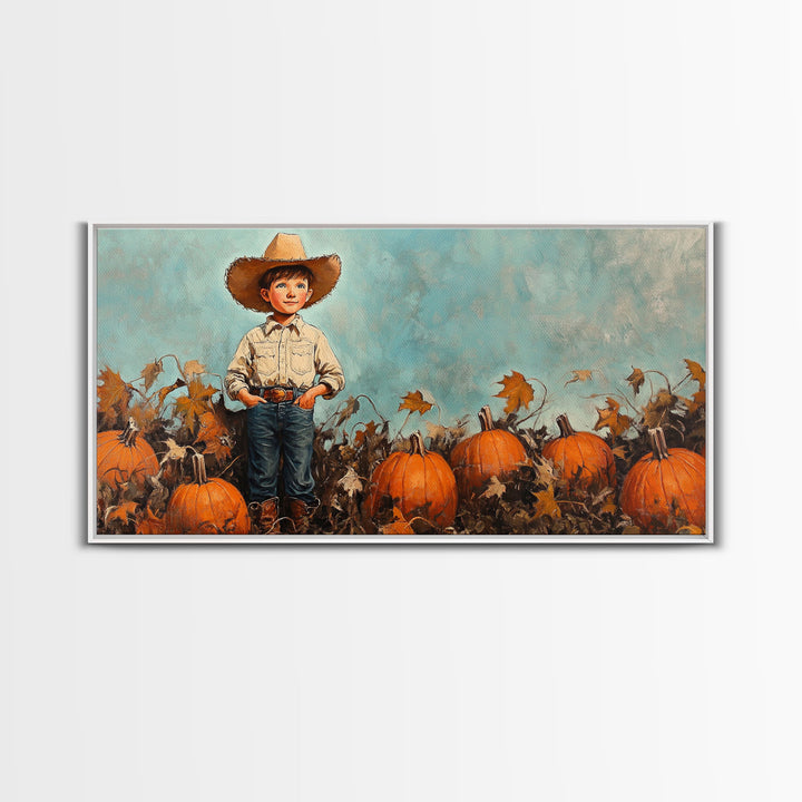 Cowboy Boy with Pumpkins Framed Canvas Print, Fall Wall Art, Rustic Farmhouse Decor, Vintage Harvest Print, Gift Idea, Holiday Home Decor