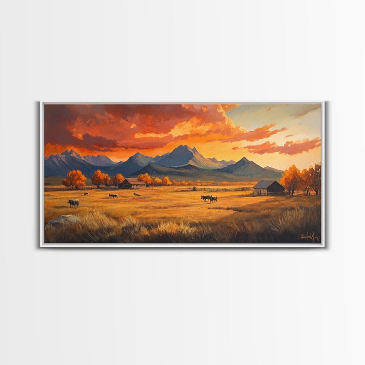Fall Sunset Framed Canvas Print Scenic Ranch Landscape Art Autumn Wall Decor Ideal Holiday Home Decor and Gift for Farmhouse Style