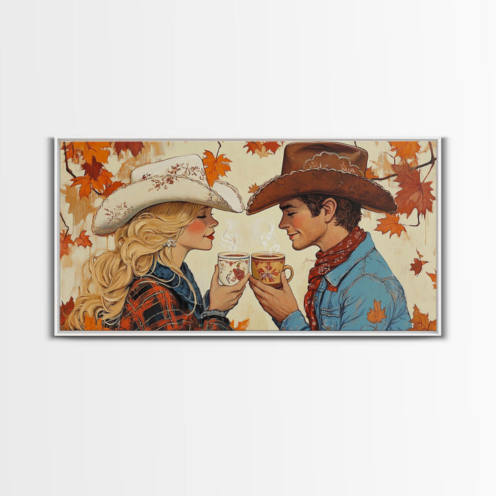 Cowgirl & Cowboy Enjoy Some Hot Chocolate, Art For Couples, Framed Canvas Print, Rustic Farmhouse Home Decor, Wall Art Rustic Decor
