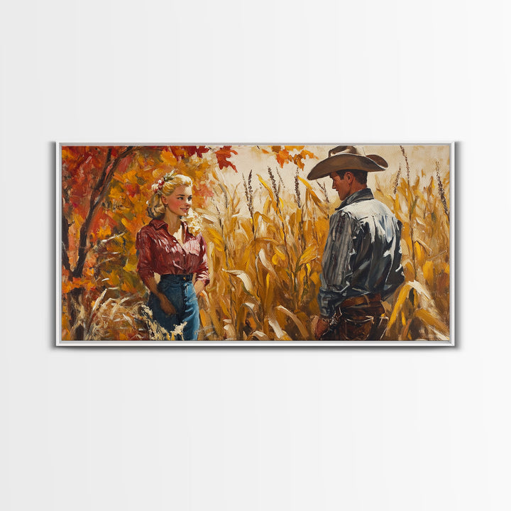 Cowboy & Cowgirl In Love, Framed Canvas Print, Vintage Holiday Winter Wall Art Western Christmas Decor