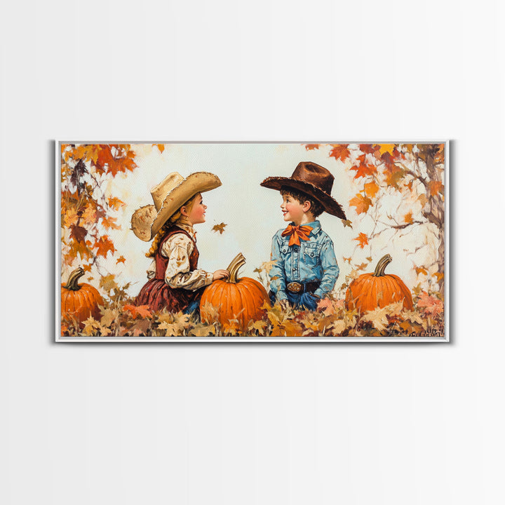 Cute Cowboy and Cowgirl In a Pumpkin Patch, Framed Canvas Print, 1950s Style Wall Art, Nursery Decor