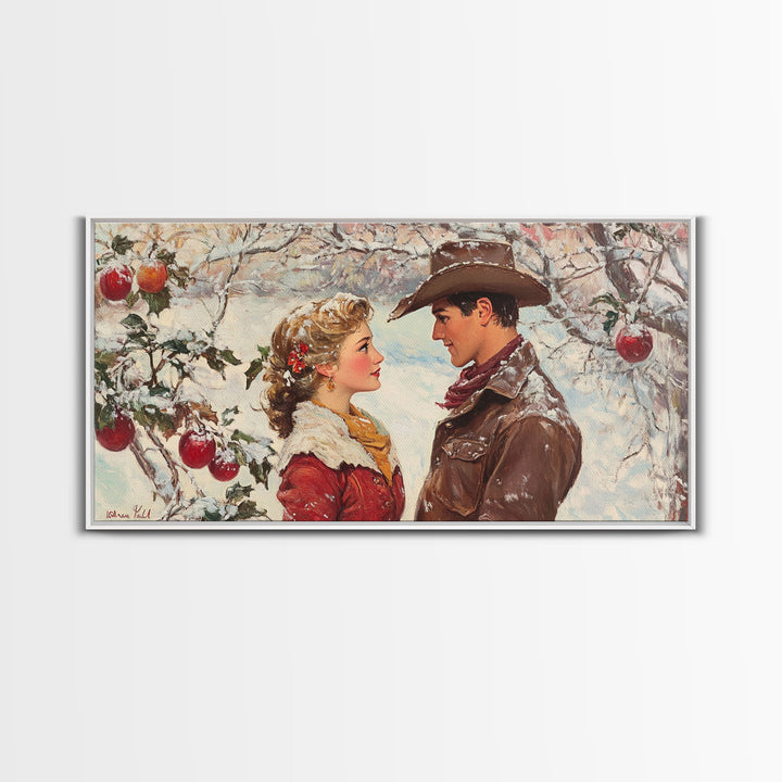 Cowboy and Cowgirl meet under the mistletoe, framed canvas print, cute winter wall art, Christmas home decor, seasonal rustic decor