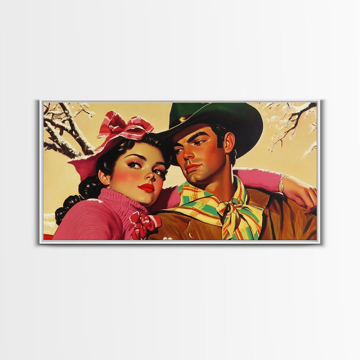 Retro 50s Style Cowboy and Cowgirl In Love, Gift For Couples, Framed Canvas Print, vintage wall art, rustic decor, classic western print