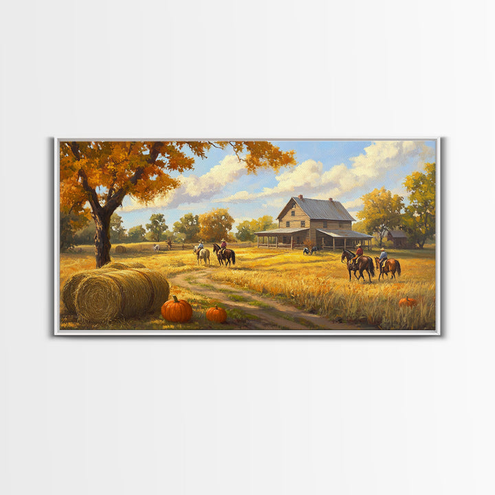 Autumn Ranch Framed Canvas Print Pumpkin Patch Rustic Art Country Home Decor Large Fall Wall Art Farmhouse Style Thanksgiving Decor