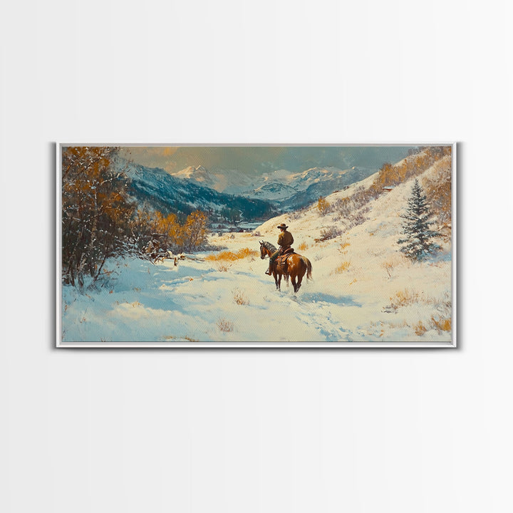 Cowgirl with yellow scarf in fall forest, Framed Canvas Print, tall dramatic black white wall art with a pop of color, moody autumn decor