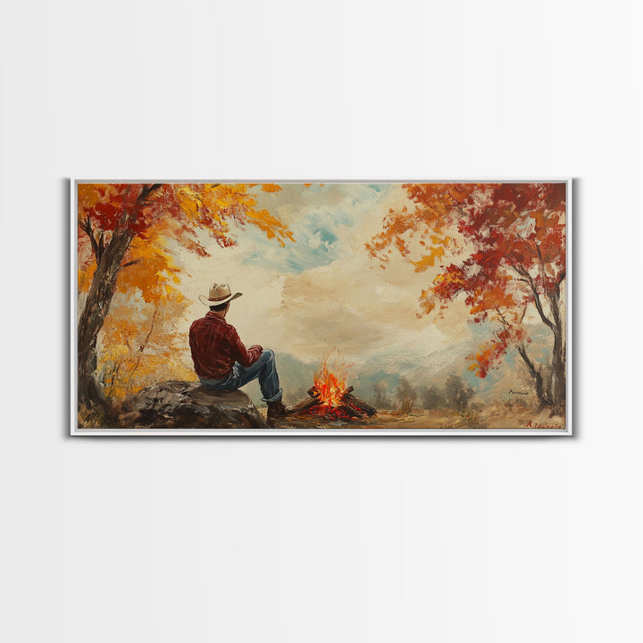 Cheerful Framed Canvas Print of a woman in a cowboy hat enjoying a coffee by fall colors, perfect vintage autumn wall art decor