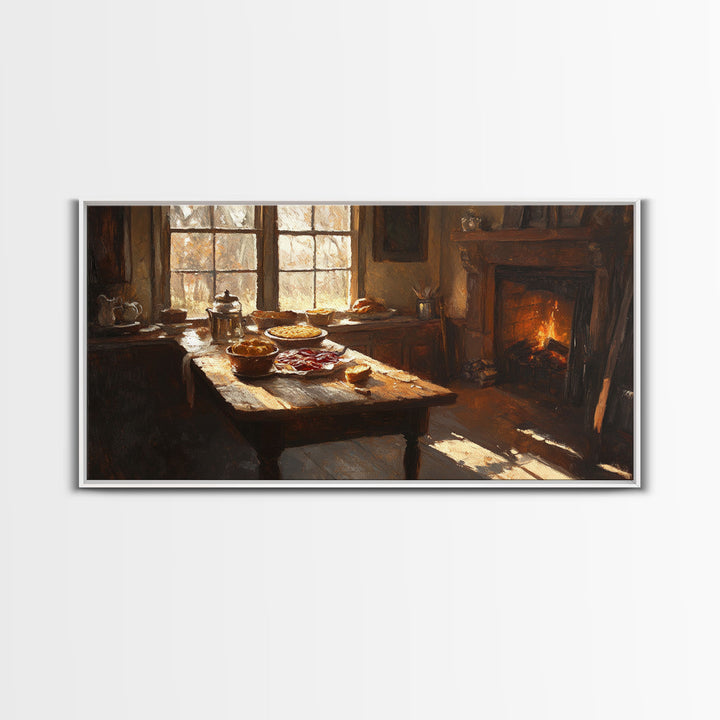 Cozy Kitchen Framed Canvas Print Autumn Fireplace Rustic Home Decor Seasonal Fall Art Large Wall Art Gift for Thanksgiving Decor