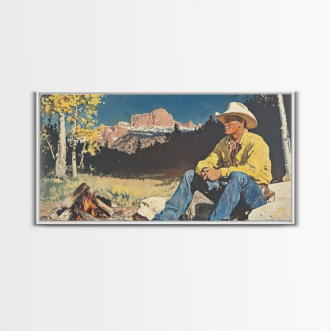 Bold monochromatic Framed Canvas Print showcasing a woman in a cowboy hat with horses in a snowy mountain landscape, rustic winter wall art
