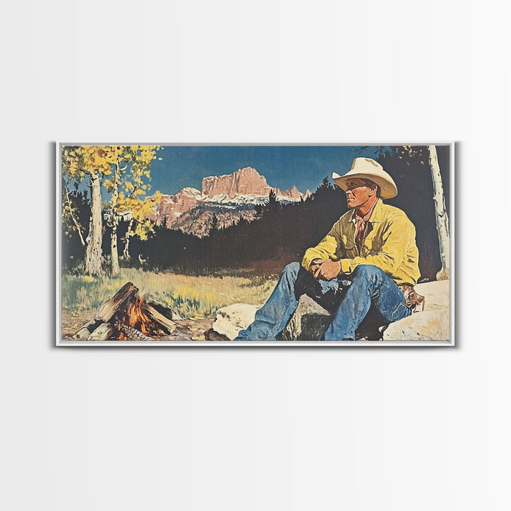 Bold monochromatic Framed Canvas Print showcasing a woman in a cowboy hat with horses in a snowy mountain landscape, rustic winter wall art