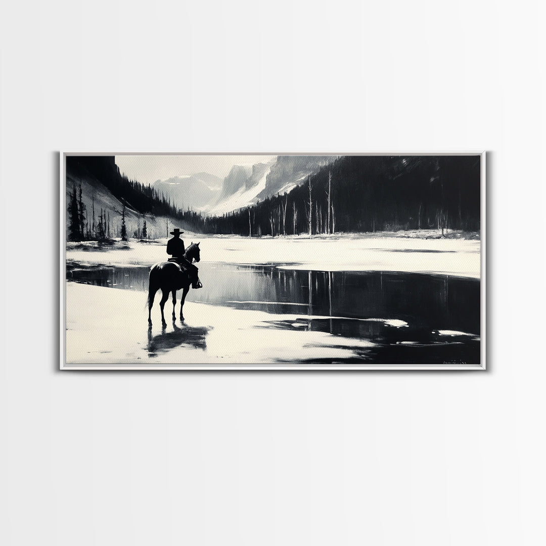 Snowy Framed Canvas Print of a woman in a cowboy hat holding a hot drink in a winter forest setting, rustic holiday decor and wall art