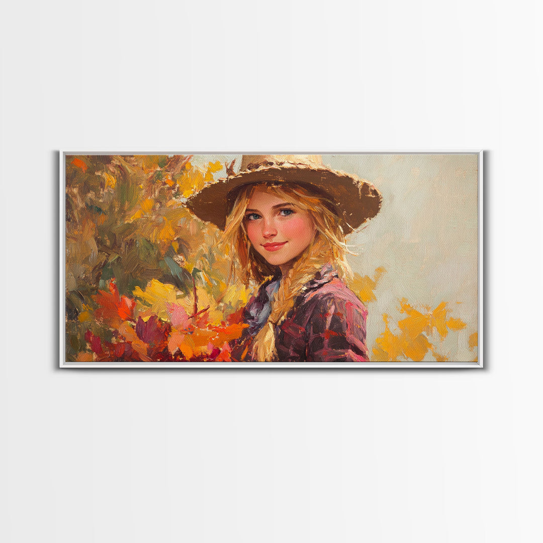 Cowgirl Amongst The Fall Leaves, Framed Canvas Print, Serene Fall Wall Decor, Perfect Rustic Seasonal Wall Art and Gift Idea