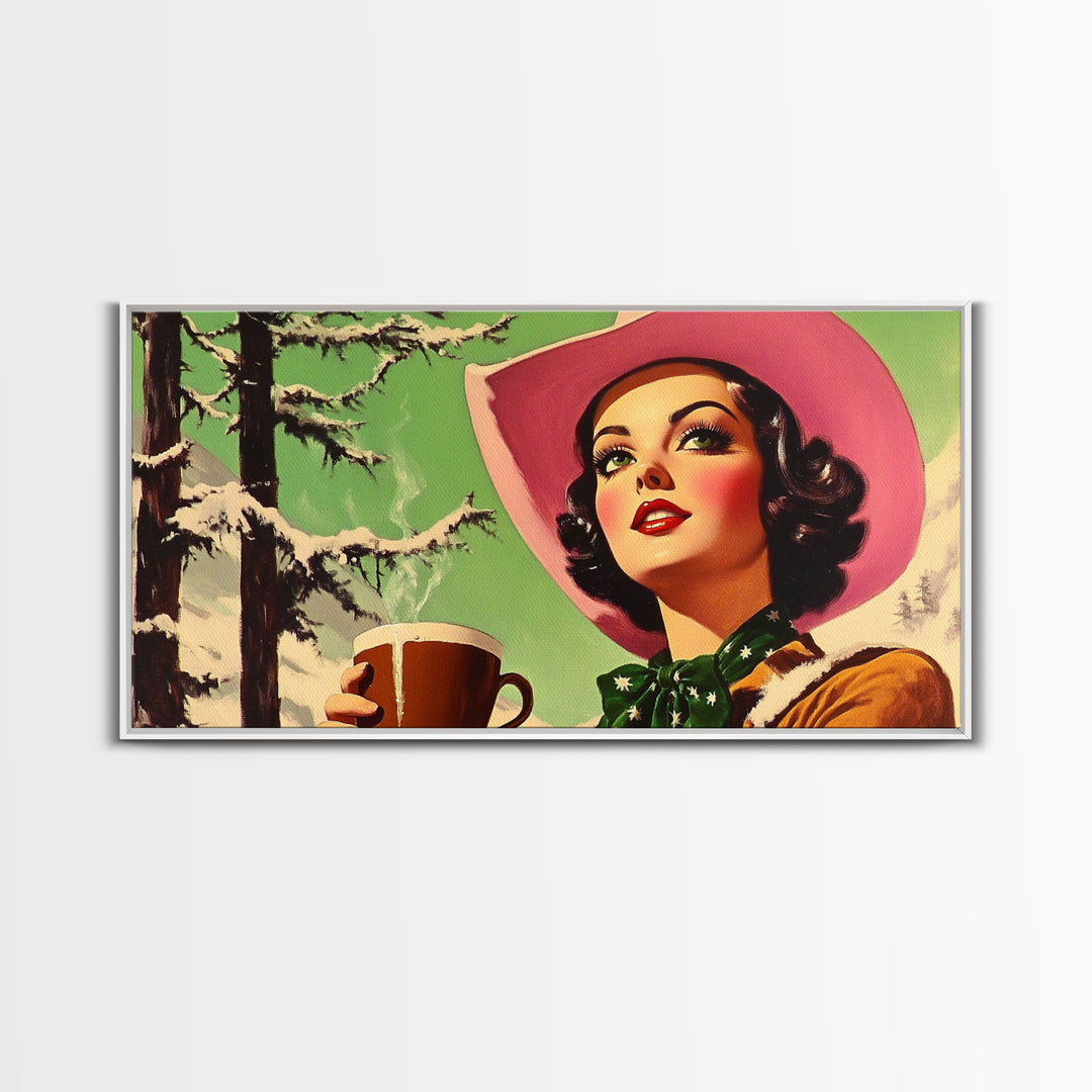 Retro Cowgirl Having A Cup Of Coffee, Framed Canvas Print, 1950s Style Wall Art, Vintage Art, Winter Decor, Watercolor Christmas Art