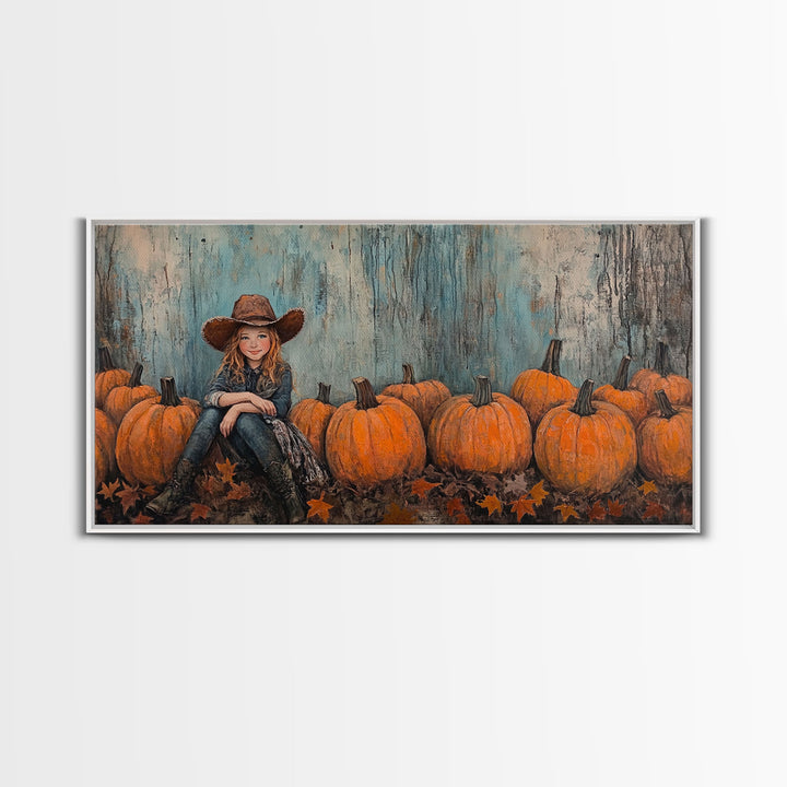 Cute Cowgirl In A Pumpkin Patch, Framed Canvas Print, Fall / Thanksgiving Decor, minimalist seasonal art for autumn or Christmas decor