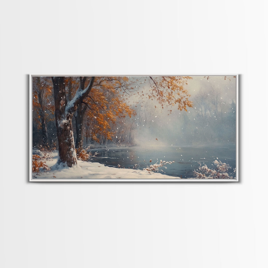 Autumn Lake Scene Framed Canvas Print with Fall Colors, Ideal Seasonal Wall Art or Gift Idea for Nature Lovers and Home Decor