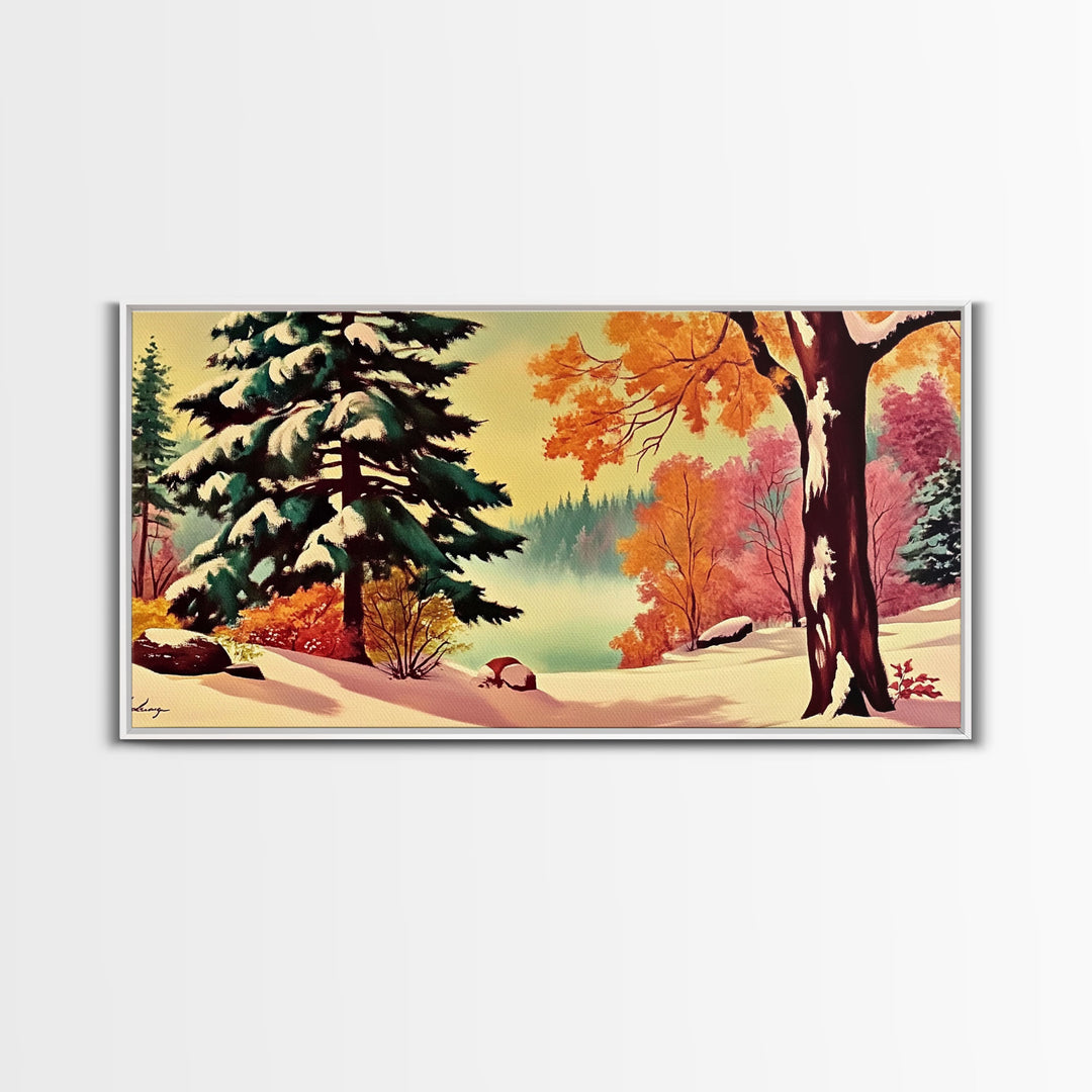 Retro 1950s Style Winter Landscape Painting, Framed Canvas Print, Perfect Holiday Wall Art for Vintage Christmas Decor and Festive Interiors